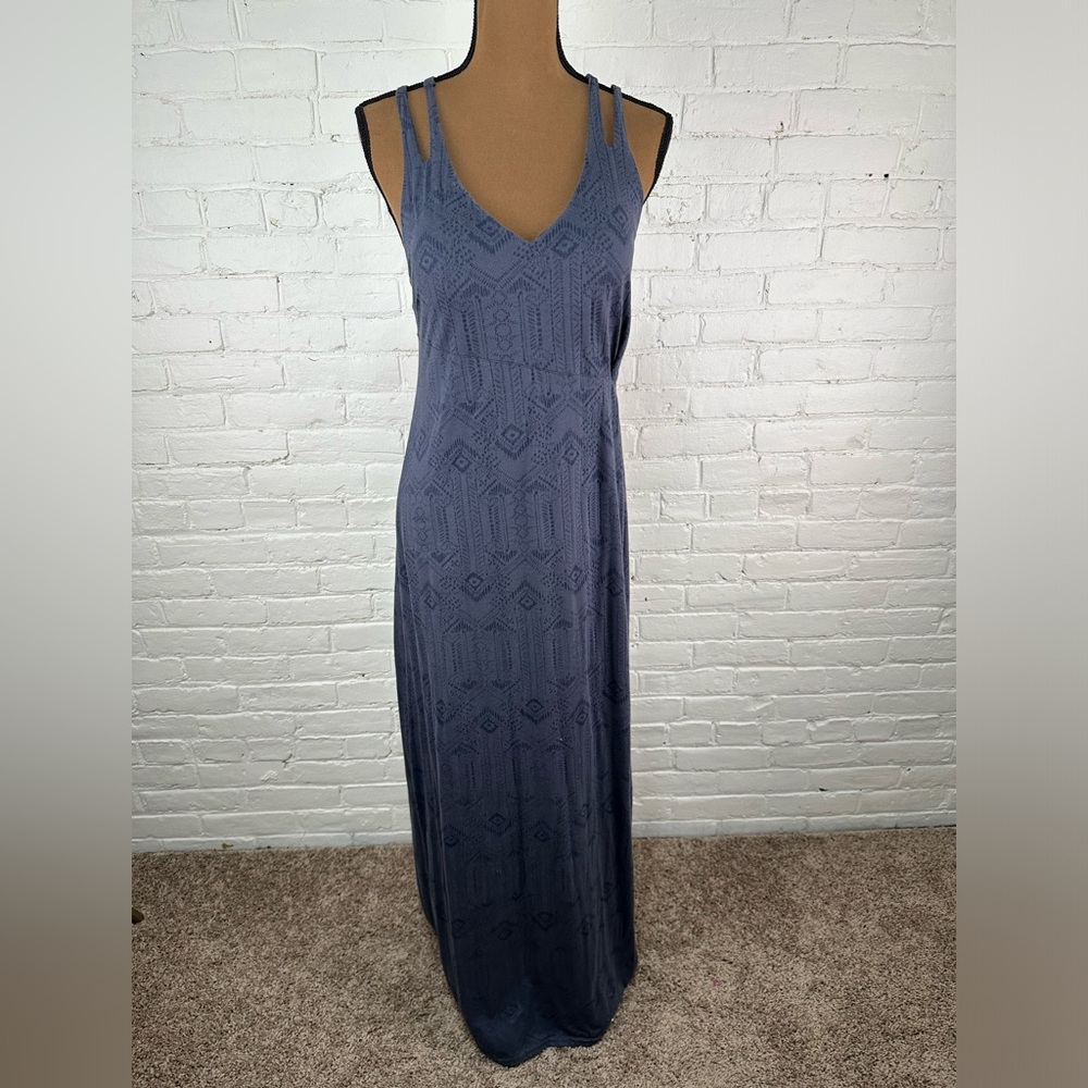 Athleta Gray blue Maxi Halter Dress Medium M geometric boho aztec shelf bra